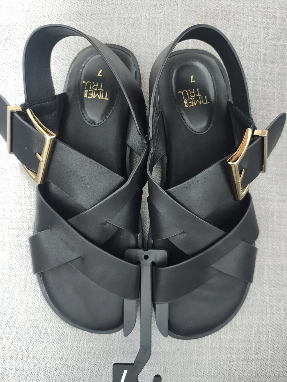 Time and Tru Black Cross-Strap Sandals with Gold Buckle